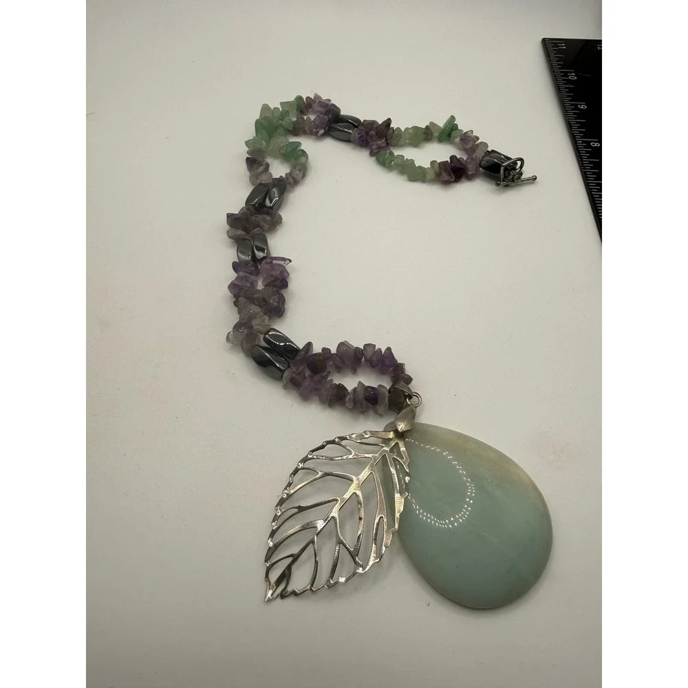 Boho Amethyst Aventurine Amazonite‎ Chip Bead Necklace Silver Leaf Pendant 19